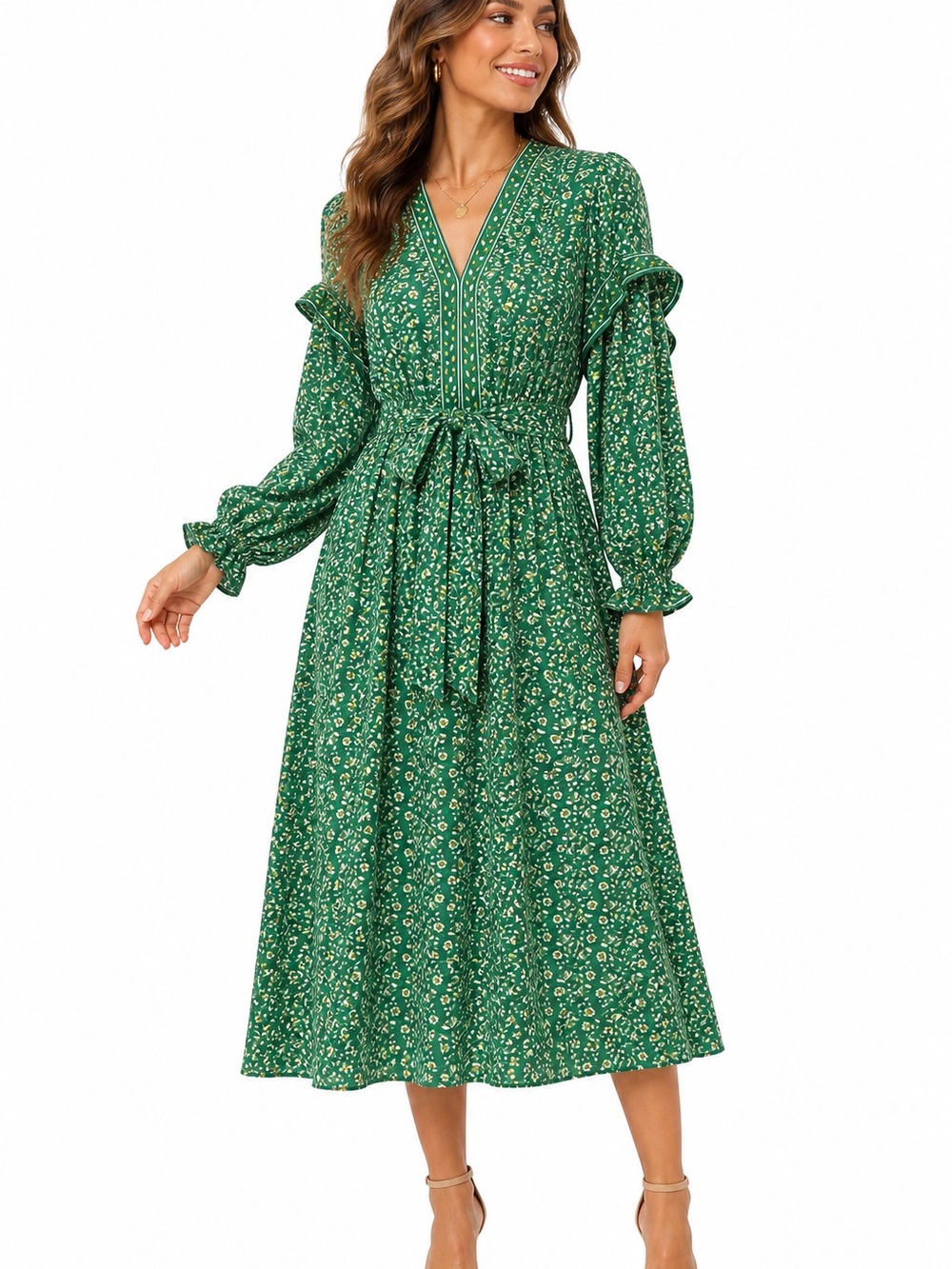Max Studio Green Floral Midi Dress Long Sleeve Ruffle Tie Waist Size Small